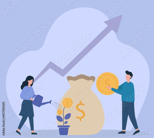 A couple works together to grow their wealth. The woman nurtures a money plant, and the man handles savings, symbolizing investment for financial success