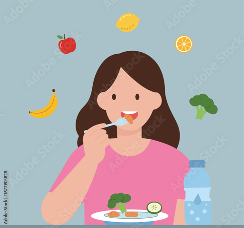 A woman enjoys a nutritious meal of fresh fruits and vegetables, promoting a healthy diet, hydration, and a balanced lifestyle