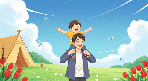 Happy Father and Son Camping in Nature - Whimsical Watercolor Illustration