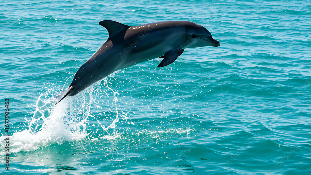 Obraz premium Playful Dolphin Jumping in Turquoise Ocean – 4K Marine Wildlife Background