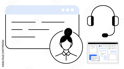Website interface, individual profile icon, headset, and laptop screen with chat window. Ideal for communication, customer support, services, collaboration, consulting interactivity simple flat