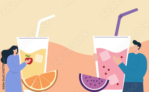 A couple enjoys giant, refreshing fruit juices. A flat vector illustration symbolizing summer, health, and fresh beverages