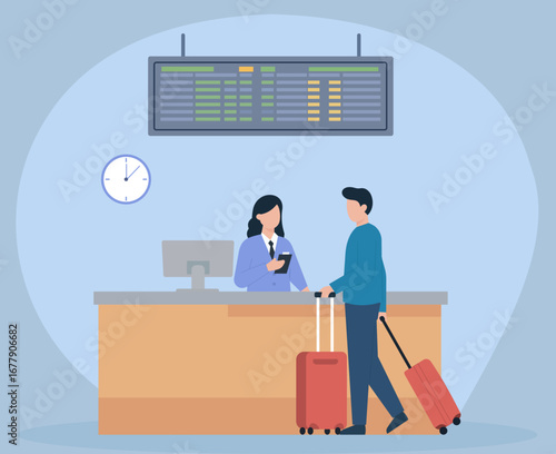 A passenger with luggage at an airport check-in counter. A flat vector illustration depicting travel, tourism, and airline service
