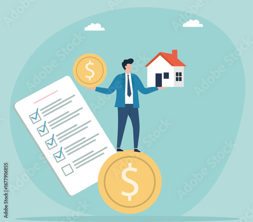 A businessman balances finances and a checklist, symbolizing the successful planning and investment required for purchasing a home