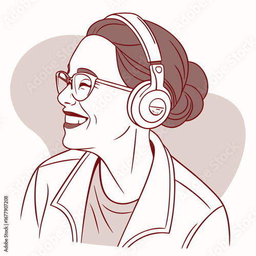 Smiling woman wearing prescription glasses with in-ear headphones.