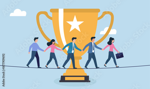 A business team walks a tightrope toward a trophy, symbolizing teamwork, risk, and the collaborative journey to achieve a common goal and success