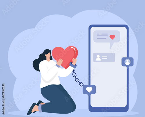 A woman chained to a smartphone symbolizes addiction to social media, seeking emotional validation and love through online likes and interactions