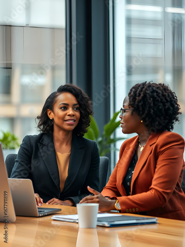 Two African American businesswomen discussing in the workplace. .