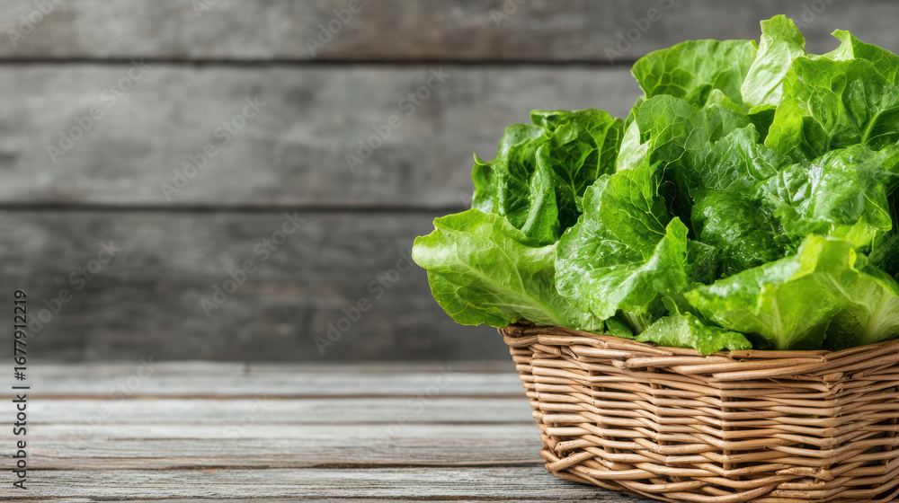 Fototapeta premium Fresh lettuce leaves arranged wicker basket rustic wooden table evoke sense of freshness