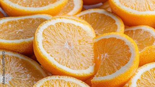 Fresh orange slices display vibrant color and juicy texture, perfect for refreshing snack