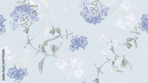 Floral seamless pattern features clusters of watercolor illustrations of Cape...
