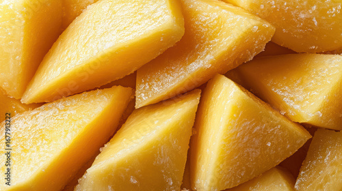 Frozen mango slices arranged vibrant display, showcasing their bright yellow color and smooth