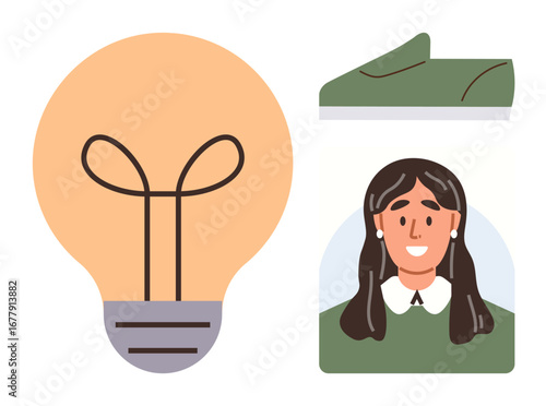 Lightbulb symbolizing innovation, smiling woman representing individuality, green sneaker for active lifestyle. Ideal for creativity, fashion, innovation, individuality, energy, positivity simple