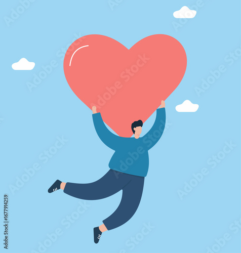 A man joyfully floats in the sky, lifted by a giant heart, symbolizing love, happiness, freedom, and being uplifted by positive emotions