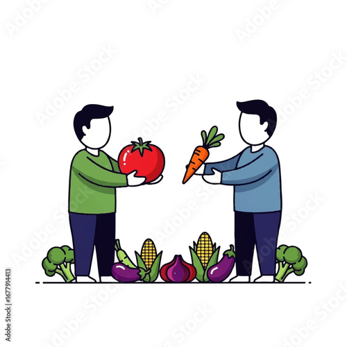 Two men exchange fresh vegetables, including tomatoes and carrots.