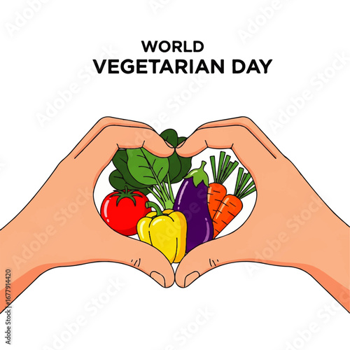 Illustration for World Vegetarian Day with hands forming a heart shape around fresh vegetables, symbolizing love for healthy eating.