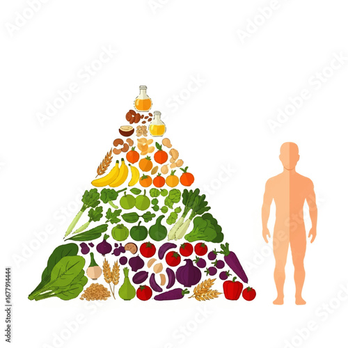 A colorful pyramid of healthy foods next to a silhouette of a person, illustrating dietary guidelines.