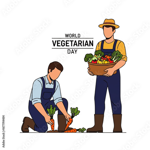 Two farmers celebrating World Vegetarian Day by harvesting fresh vegetables from the garden.