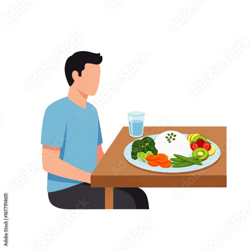 A man sits at a table to eat a healthy and balanced meal with rice, vegetables, and fruit.