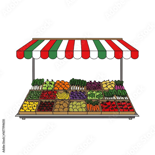 Colorful produce stall with various fruits and vegetables under a striped awning.