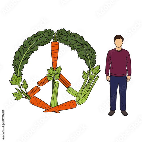 A man stands next to a peace symbol creatively formed from various fresh vegetables like carrots, celery, and leafy greens, promoting healthy living and peace.