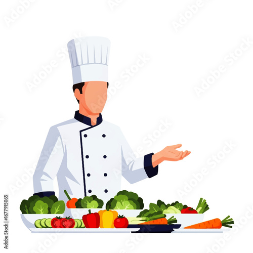 A chef in a white uniform stands behind a table filled with fresh vegetables, presenting his culinary creations.