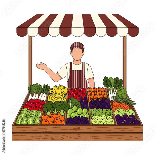 A farmer's market vendor stands behind a stall filled with fresh, colorful produce, inviting customers.