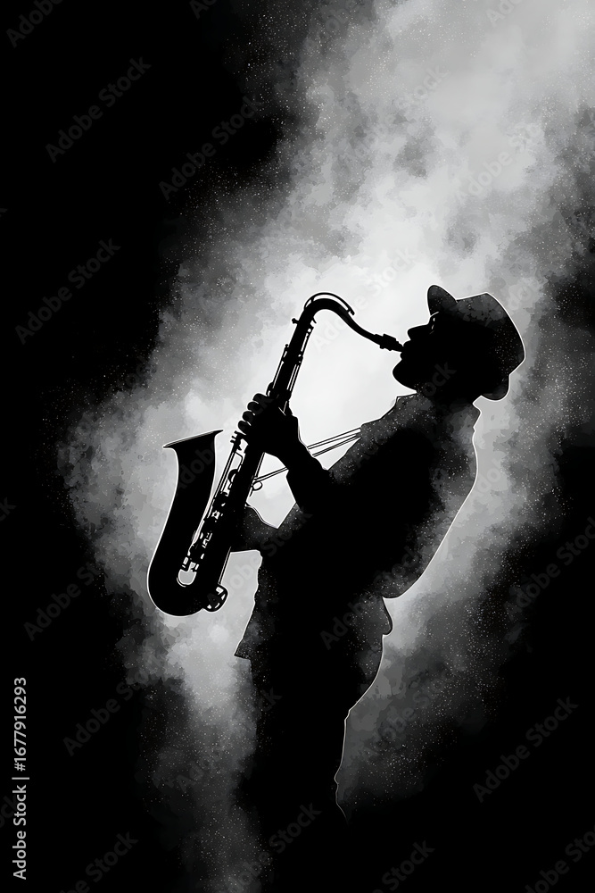 Obraz premium Silhouette of a saxophonist playing passionately against a smoky backdrop, evoking emotion
