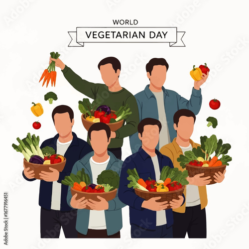 Group of men celebrating World Vegetarian Day with baskets full of fresh vegetables and fruits.