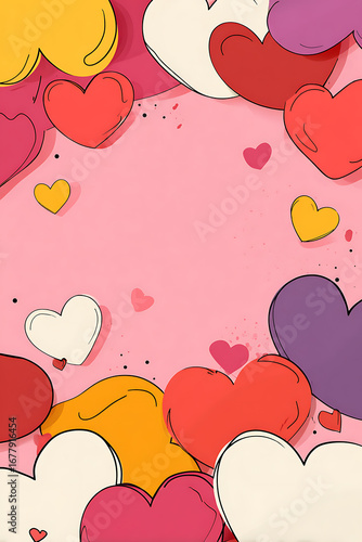 Colorful hearts in various shapes and sizes on a pink background, creating a festive atmosphere