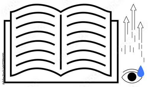 Open book with bold lines, single eye with a teardrop symbol, and upward arrows indicating growth, learning, reflection, emotional journeys, goal achievement. Ideal for education, self-help