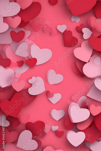 Colorful hearts scattered on a vibrant pink background, perfect for Valentine's Day themes