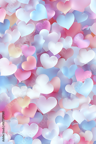 A vibrant collage of pastel hearts in various sizes and colors, creating a whimsical background