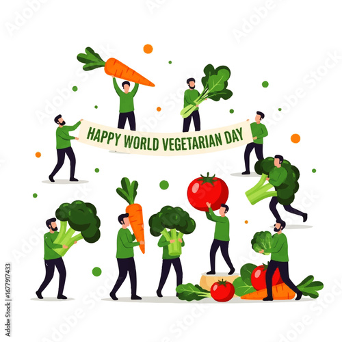 A group of people celebrating World Vegetarian Day with giant vegetables like carrots and broccoli, holding a banner with the text 'Happy World Vegetarian Day'.
