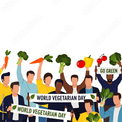 Diverse group of people celebrating World Vegetarian Day, holding up fresh vegetables and banners promoting a plant-based lifestyle.
