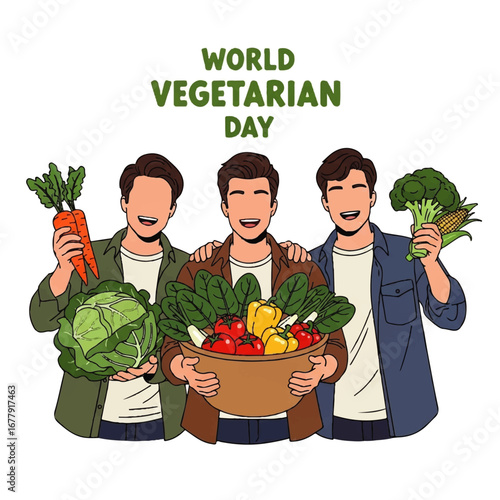 Celebrate World Vegetarian Day! Three happy men embrace a bounty of fresh vegetables: carrots, cabbage, spinach, tomatoes, bell peppers, broccoli, and corn. Promoting healthy eating and plant-based li