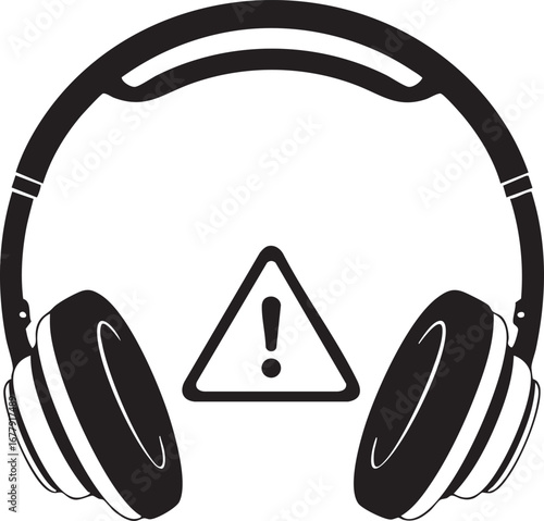 Headphones with a warning sign indicating potential hearing damage from loud audio.