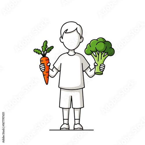 A young boy holding a carrot and broccoli.