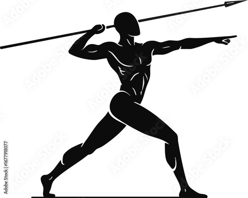 Silhouette of a muscular figure in a dynamic pose, throwing a spear with outstretched arm, against a white background.