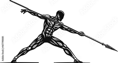 Muscular figure in dynamic throwing pose with spear.
