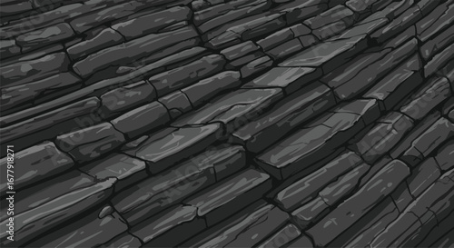 Close-up view of layered, dark gray rock formations, showing intricate cracks and textures.