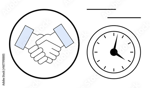 Handshake enclosed in a circle next to a clock with minimal design elements. Ideal for partnership, time management, teamwork, deadlines, productivity, collaboration, business ethics. Simple flat