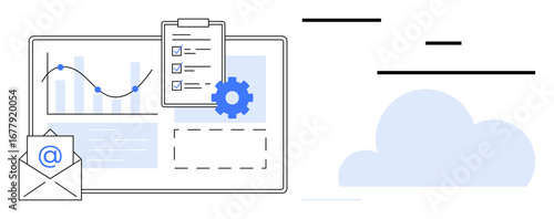 Charts, analytics, email envelope, checklist clipboard, gear icon near cloud. Ideal for cloud computing, data analysis, email marketing, business planning workflow management process automation