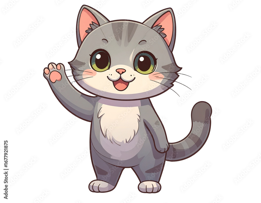 Obraz premium Happy Cartoon Cat Waving Hand PNG