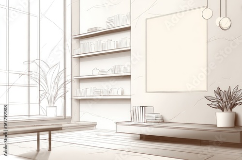 Sketch of modern interior with bookshelves