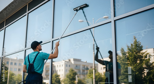 Professional window cleaning service worker using a long squeegee to clean modern office building glass facade on a bright day.