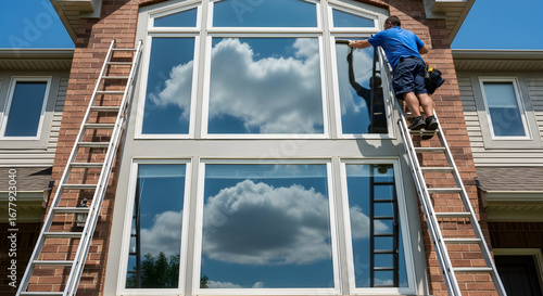 Professional window cleaning service for a large residential house on a bright sunny day, with a man on a ladder meticulously cleaning the sparkling windows.