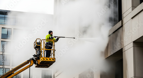 Professional building cleaning with high-pressure water washer from a hydraulic lift.