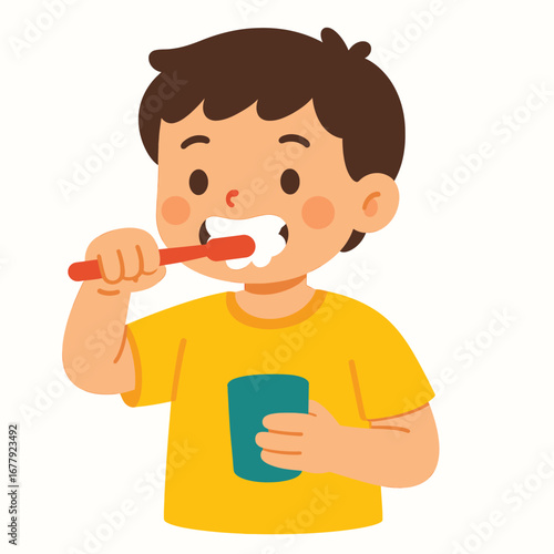 Cute little boy brushing teeth with toothbrush and holding a blue glass, dental hygiene illustration