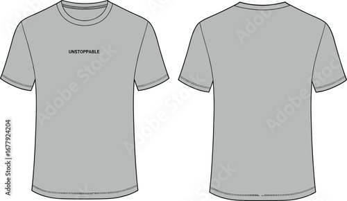 Men’s casual crew neck t-shirt vector flat sketch, minimal front print design, fashion CAD drawing, template for apparel.